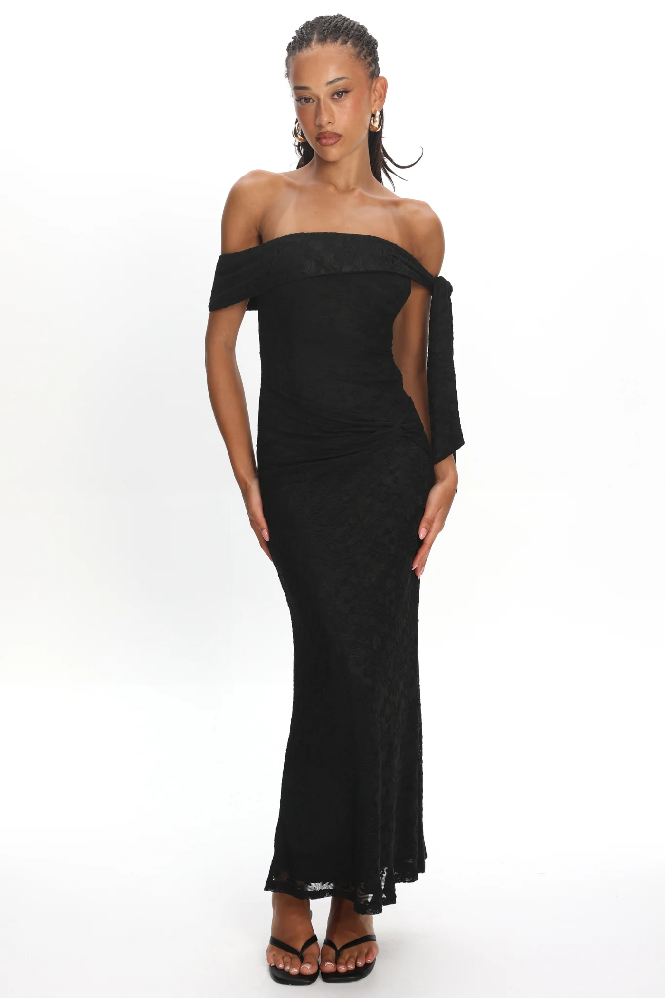 Aurora Sky Off-Shoulder Tie Maxi Dress Lace Black - Image 2