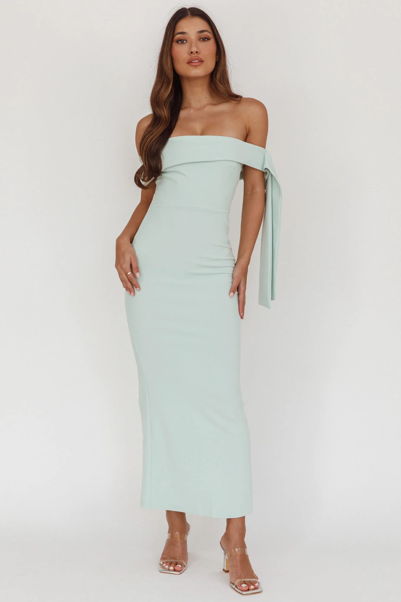 Aurora Sky Off-Shoulder Tie Maxi Dress Sage - Image 5