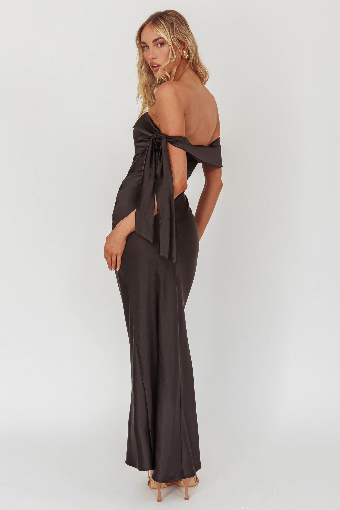 Aurora Sky Off-Shoulder Tie Maxi Dress Satin Black - Image 2