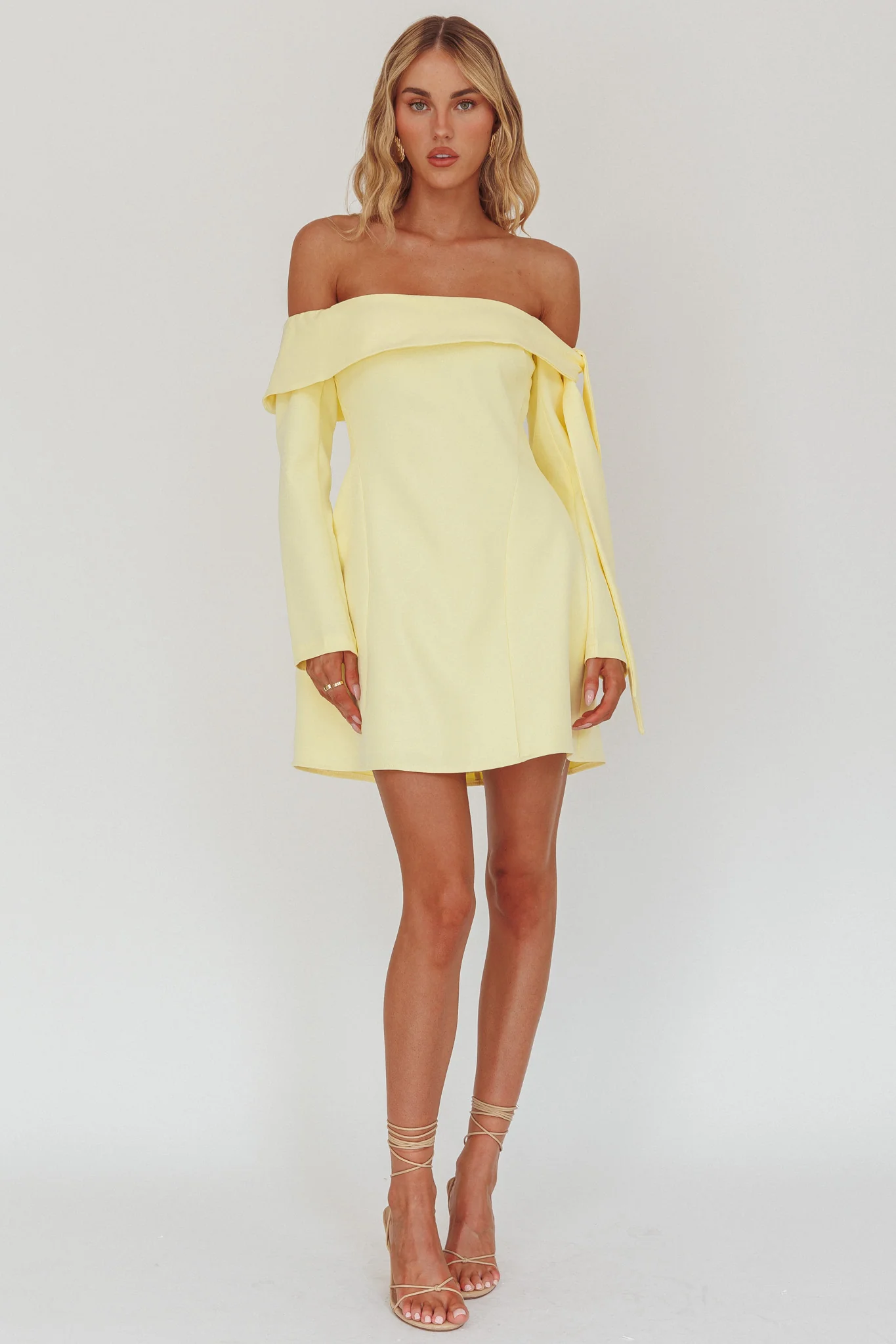 Aurora Sky Off-Shoulder Tie Mini Dress Lemon - Image 4