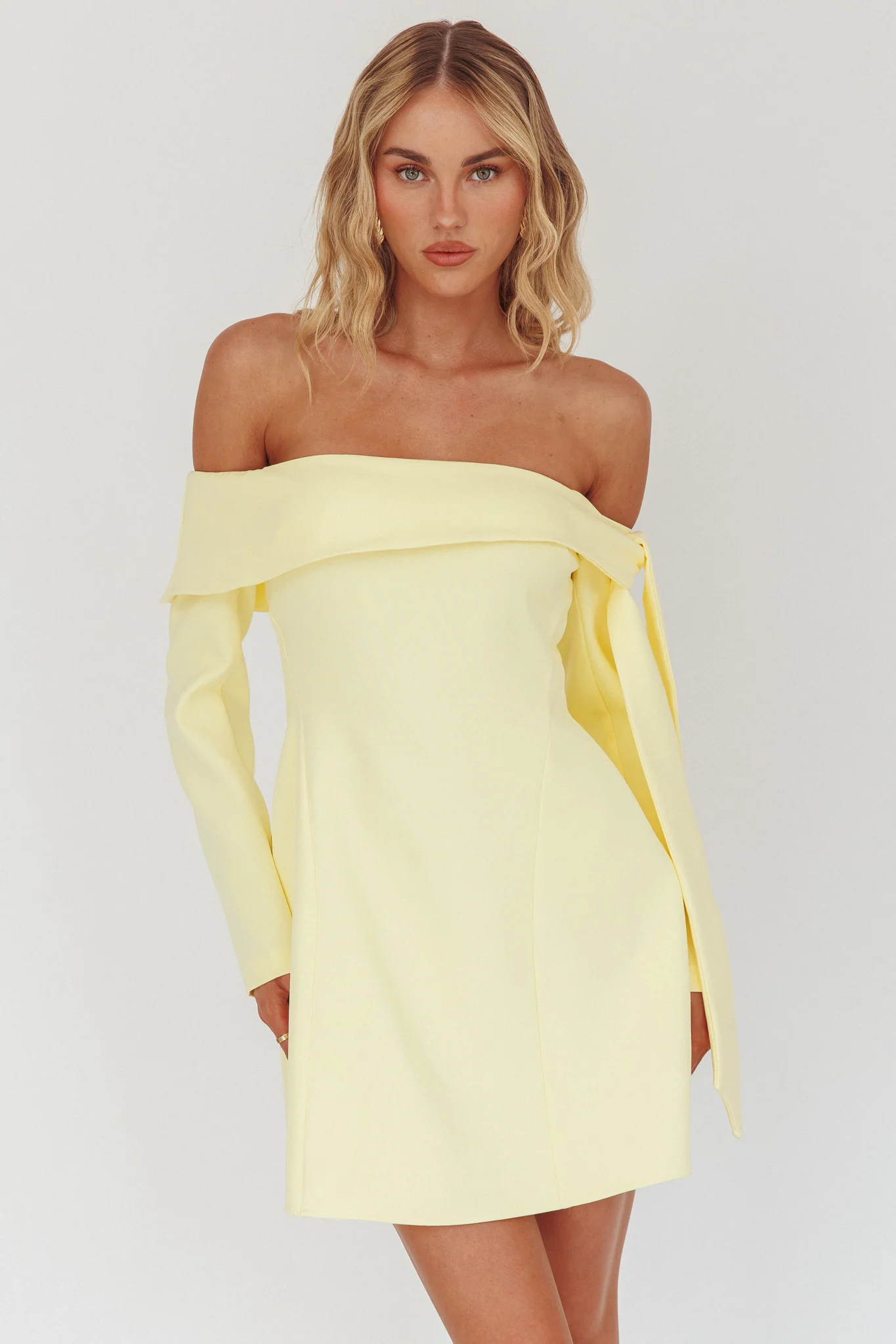 Aurora Sky Off-Shoulder Tie Mini Dress Lemon - Image 5