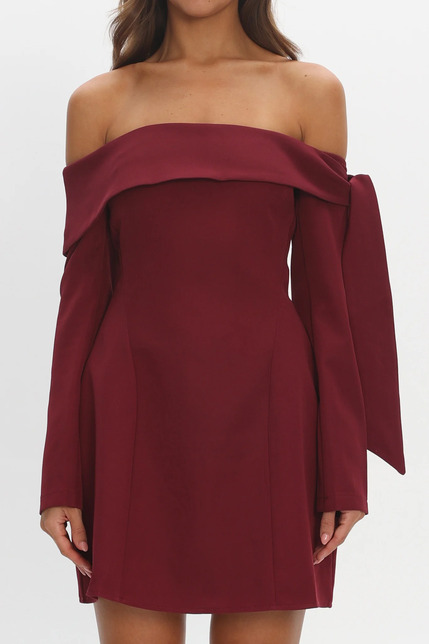 Aurora Sky Off-Shoulder Tie Mini Dress Wine - Image 4