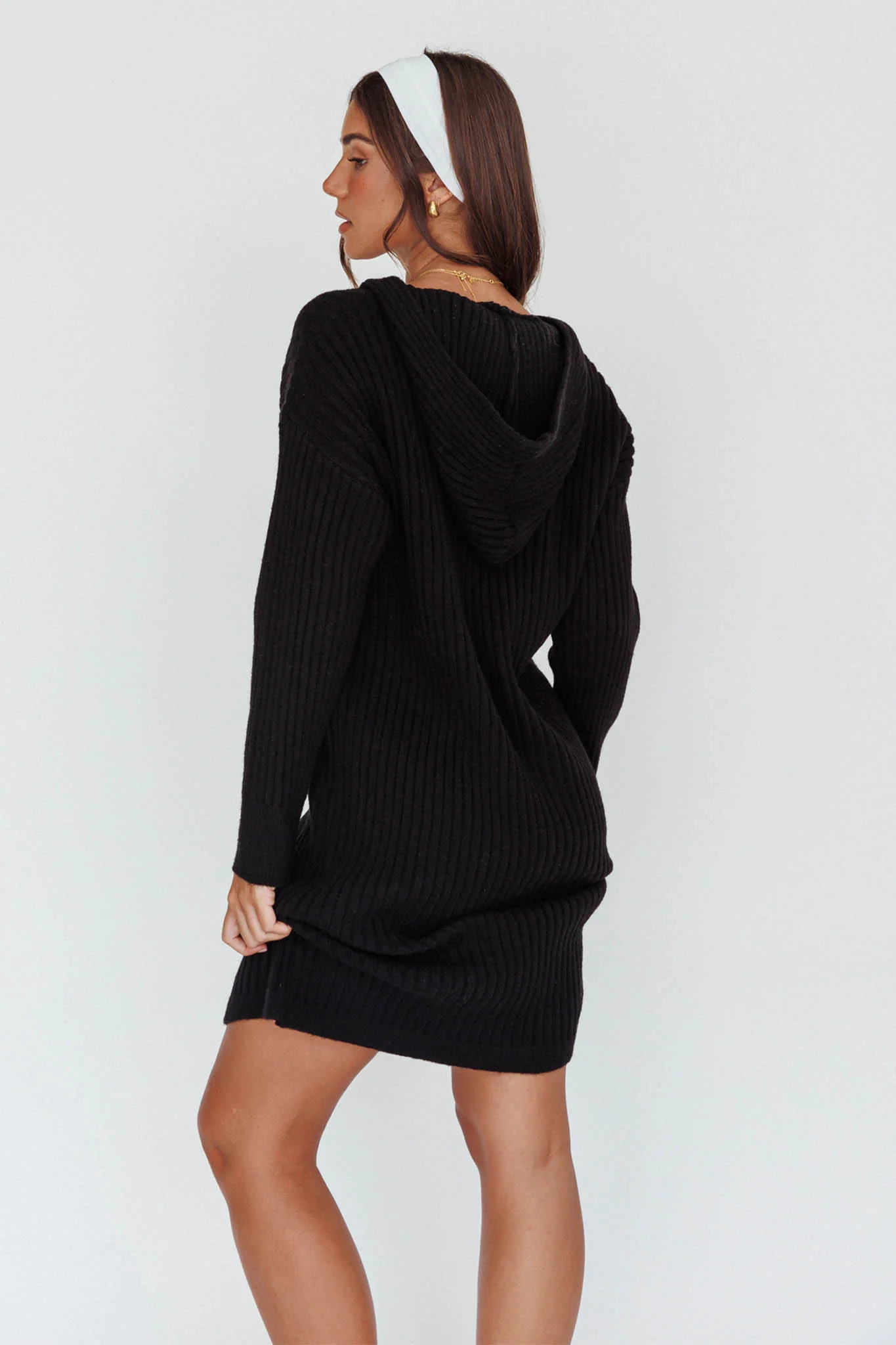 Autumn Hooded Sweater Midi Dress Black - Image 2