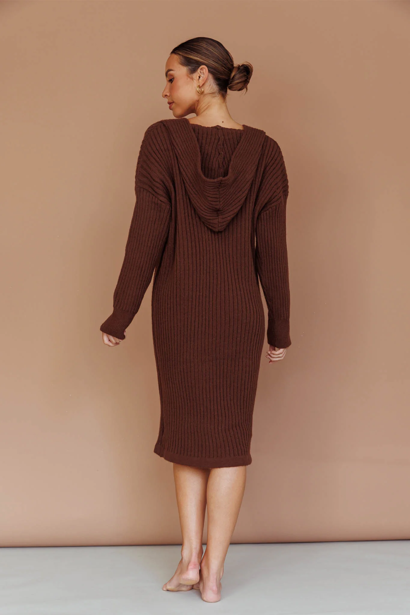 Autumn Hooded Sweater Midi Dress Chocolate - Image 6