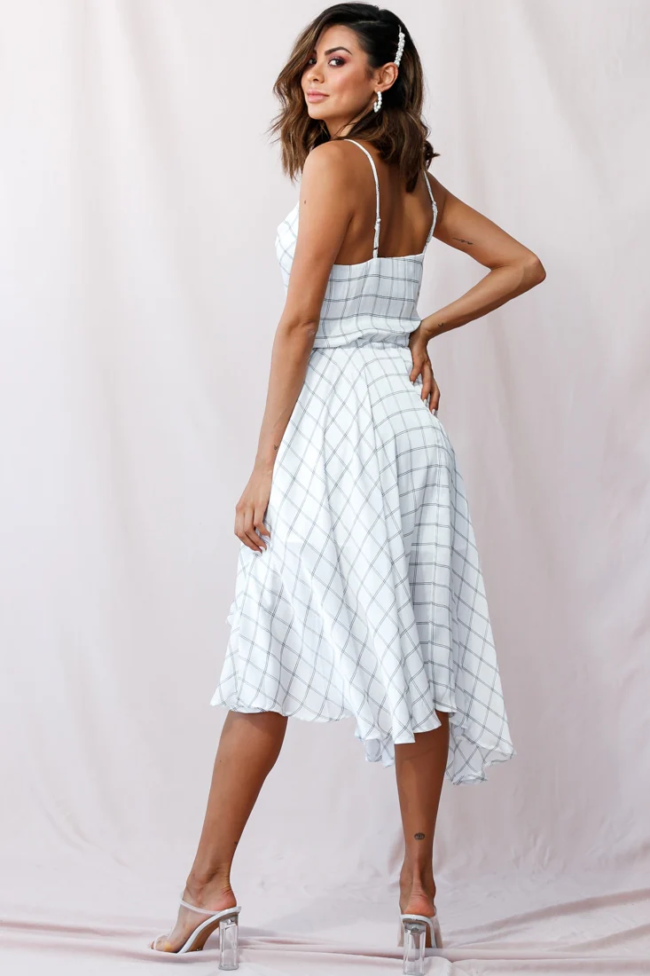 Ava Cowl Neck Drawstring Midi Dress Check Print White - Image 3
