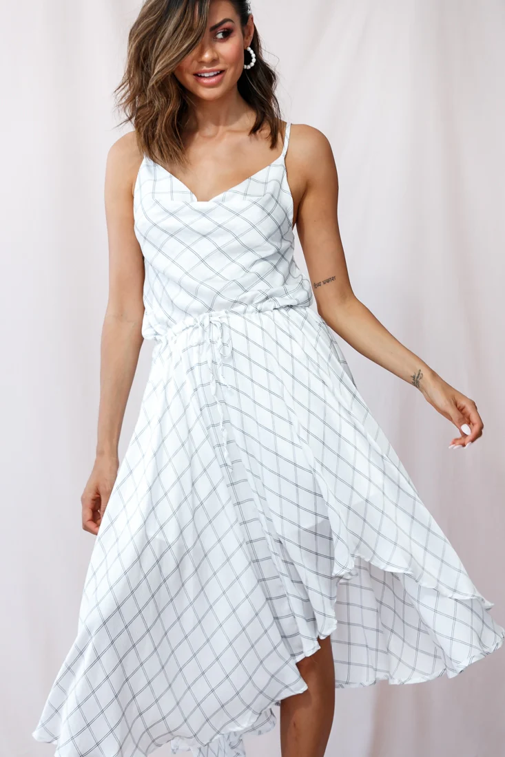 Ava Cowl Neck Drawstring Midi Dress Check Print White - Image 5