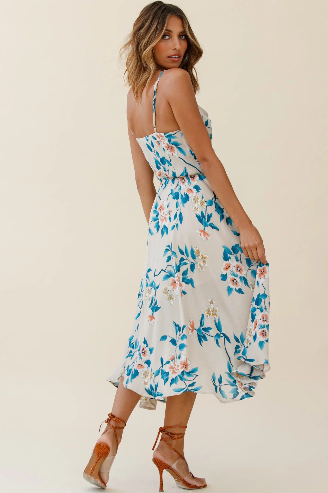 Ava Cowl Neck Drawstring Midi Dress Floral Print Mocha - Image 2
