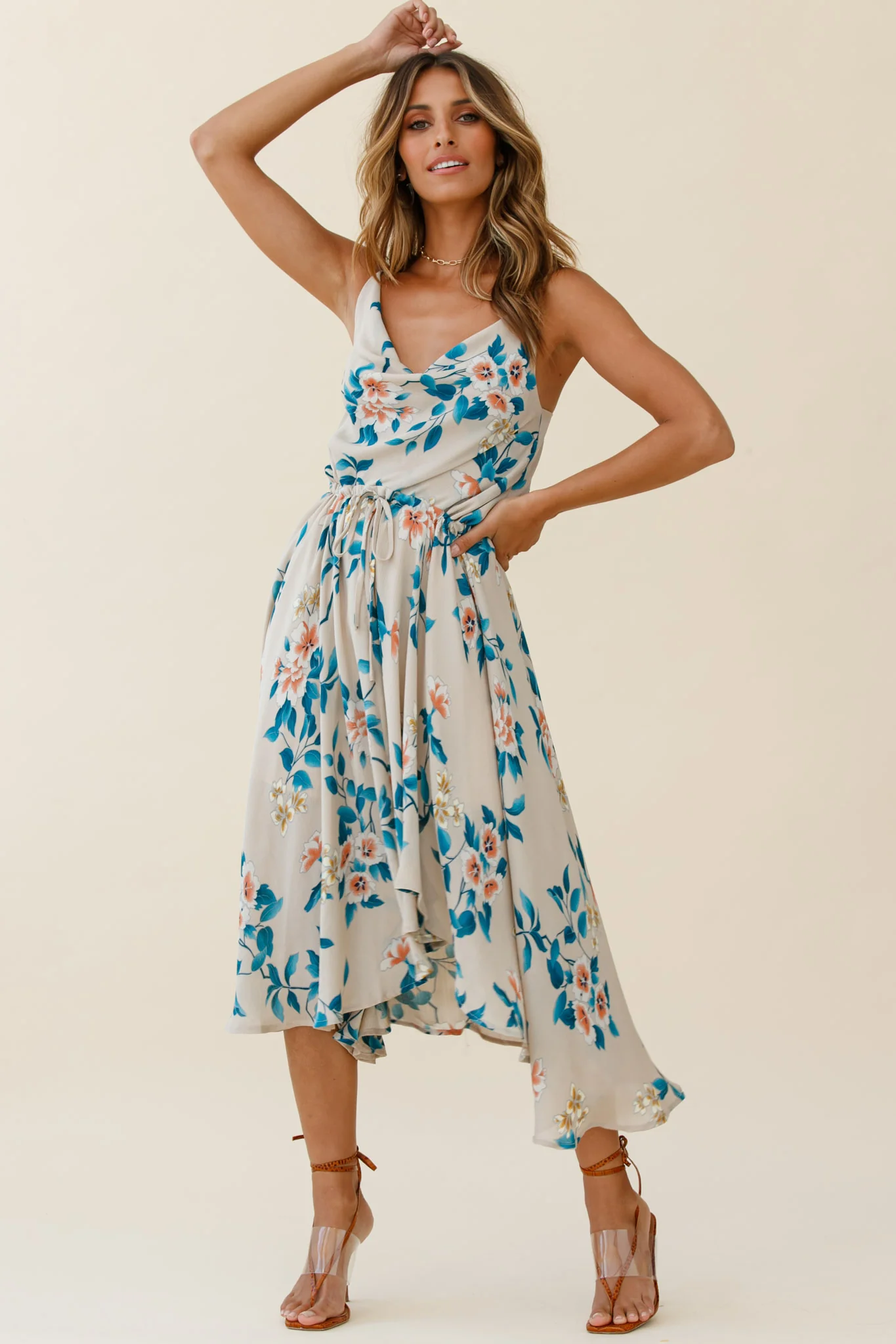 Ava Cowl Neck Drawstring Midi Dress Floral Print Mocha - Image 3