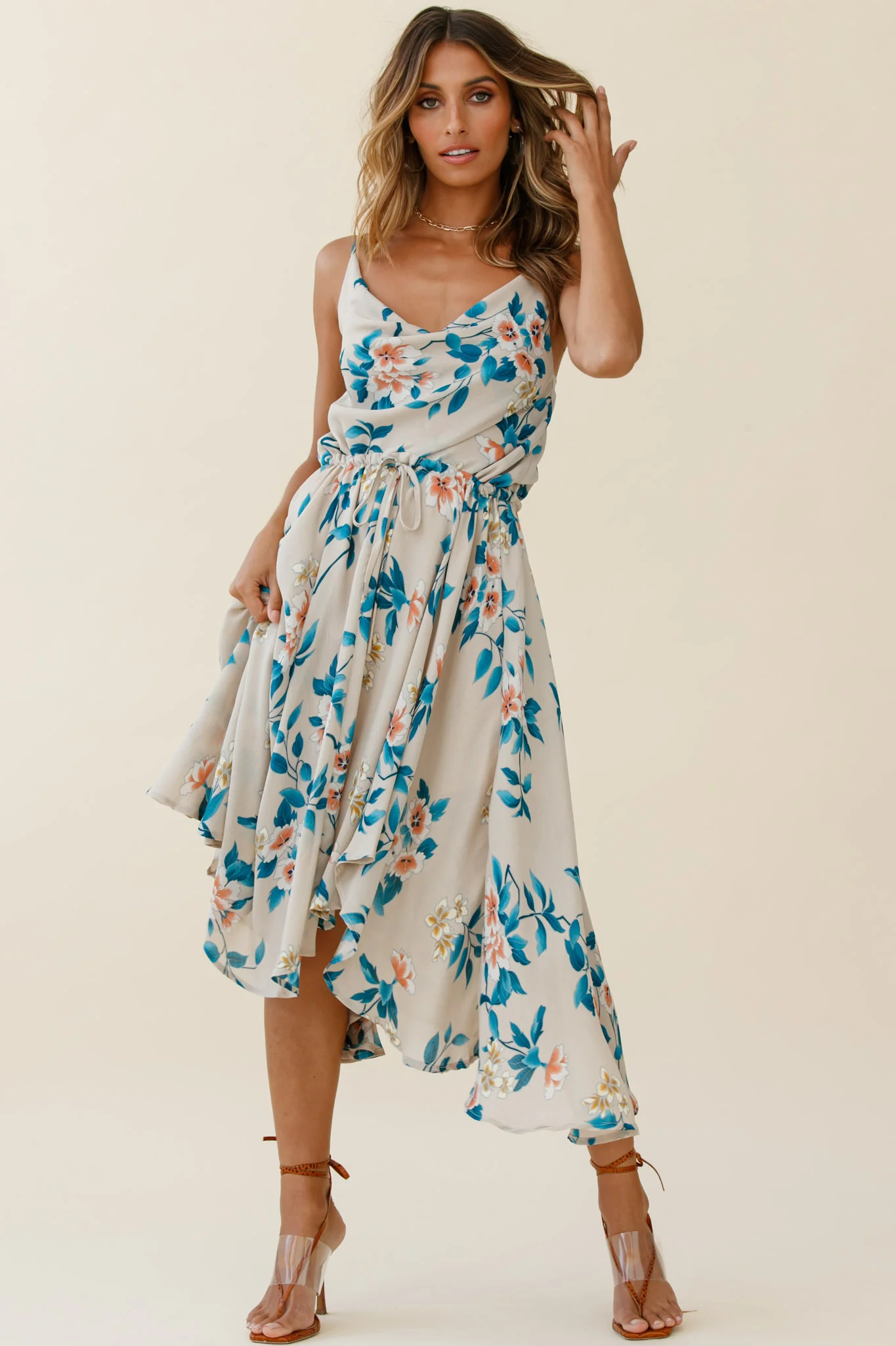Ava Cowl Neck Drawstring Midi Dress Floral Print Mocha - Image 5