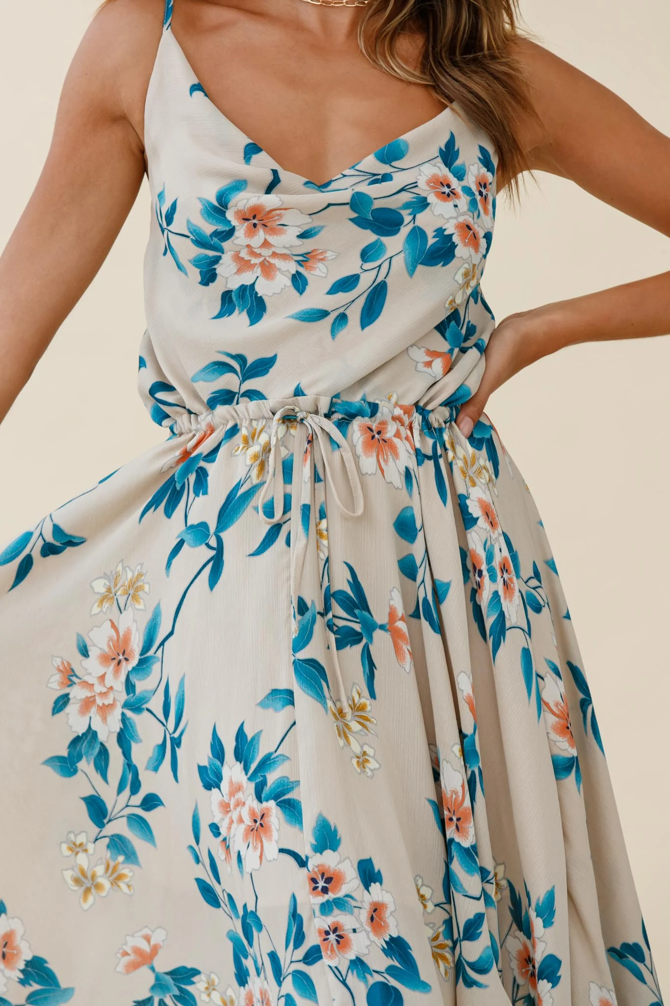 Ava Cowl Neck Drawstring Midi Dress Floral Print Mocha - Image 6