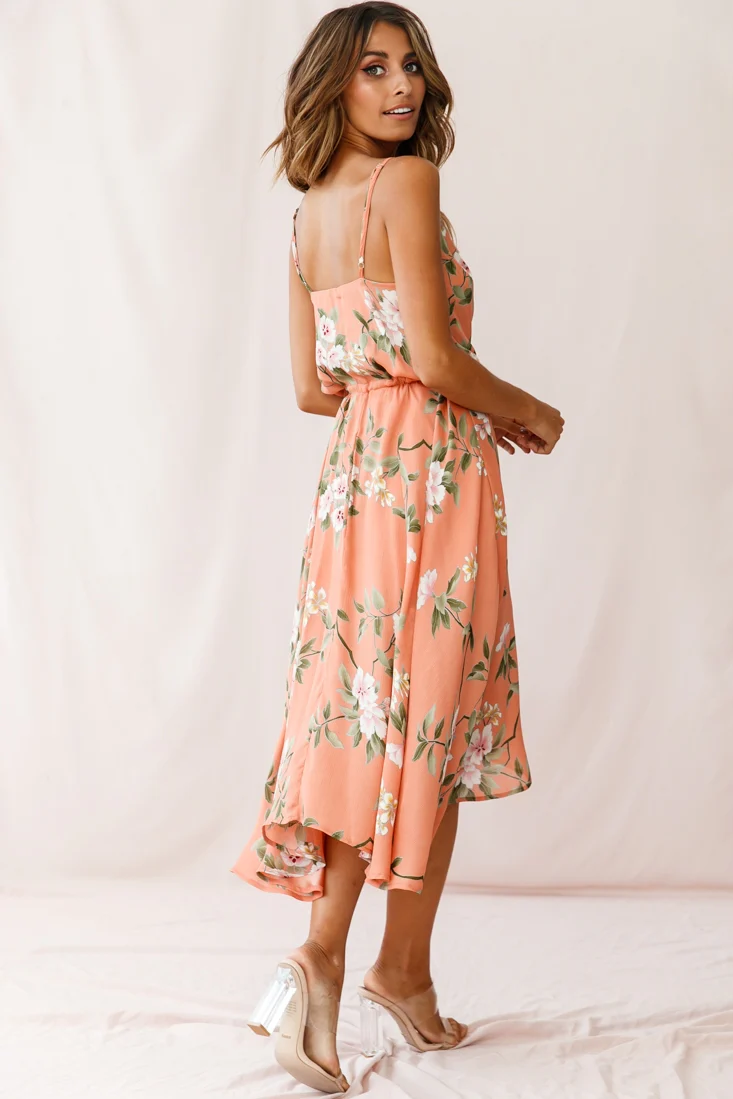 Ava Cowl Neck Drawstring Midi Dress Floral Print Peach - Image 3