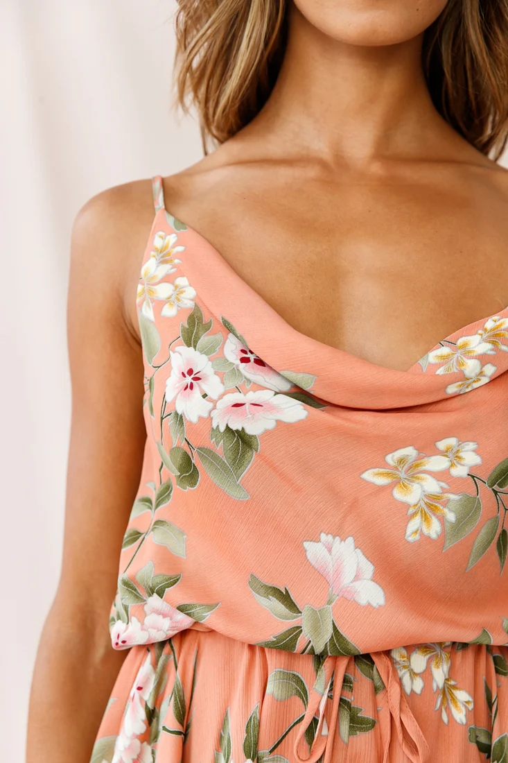 Ava Cowl Neck Drawstring Midi Dress Floral Print Peach - Image 4