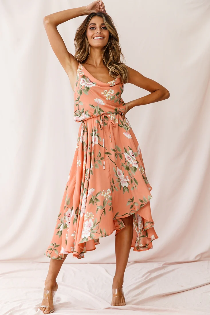 Ava Cowl Neck Drawstring Midi Dress Floral Print Peach - Image 5