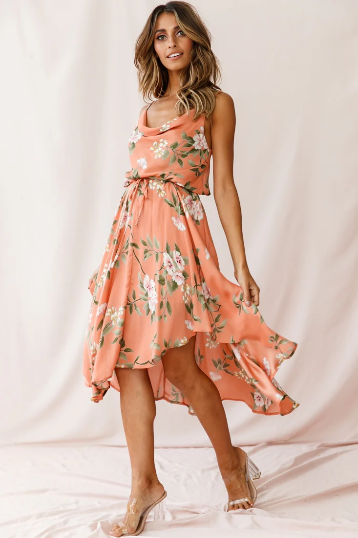 Ava Cowl Neck Drawstring Midi Dress Floral Print Peach - Image 6
