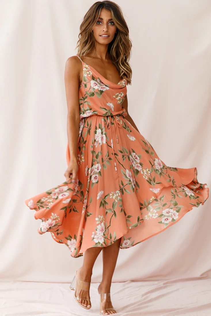 Ava Cowl Neck Drawstring Midi Dress Floral Print Peach - Image 7