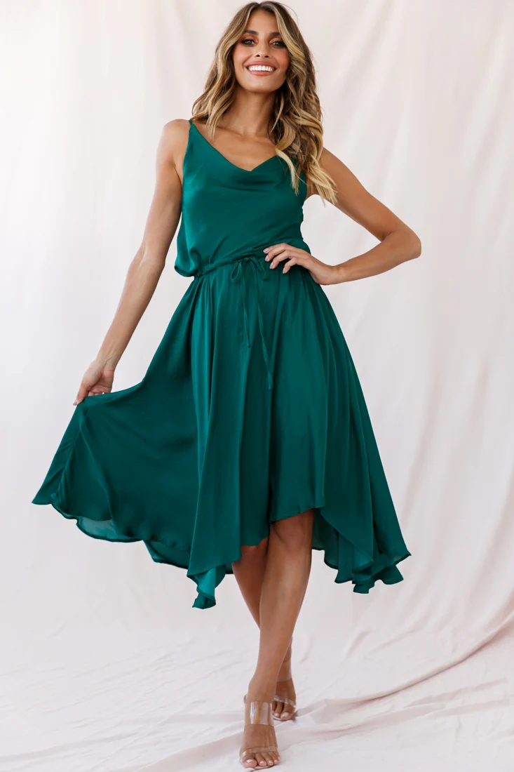Ava Cowl Neck Drawstring Midi Dress Forest Green - Image 2