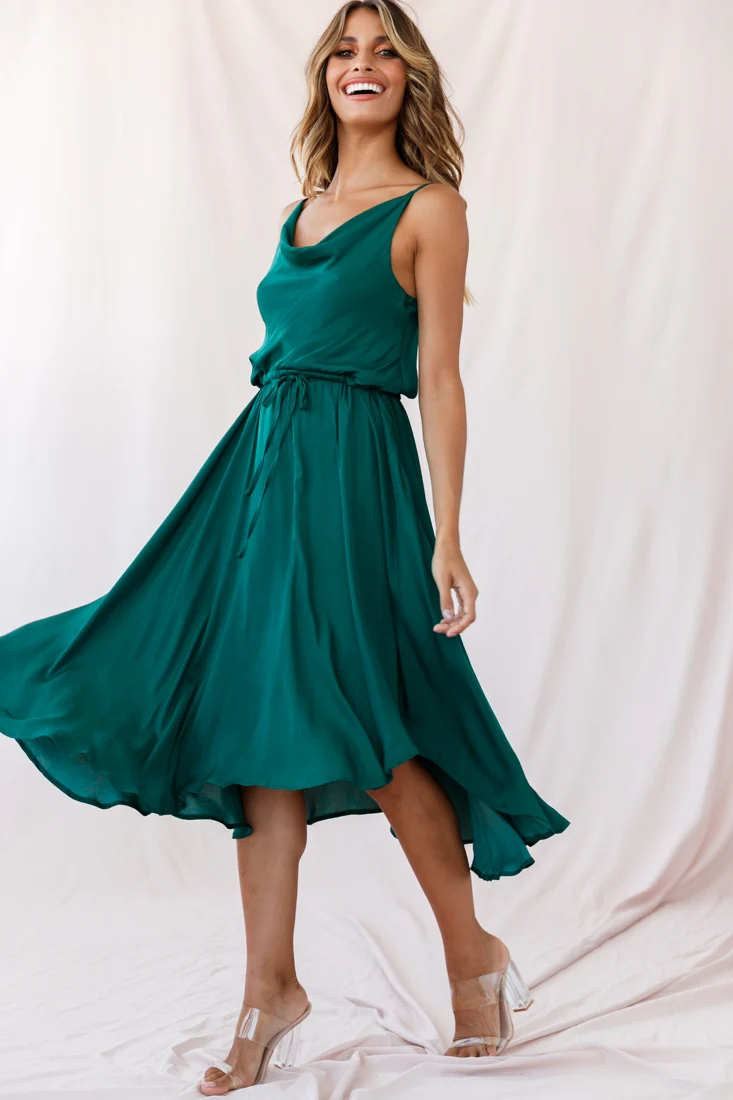 Ava Cowl Neck Drawstring Midi Dress Forest Green - Image 5