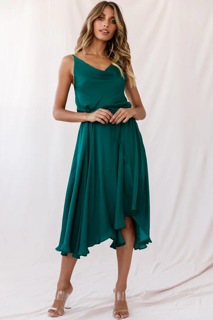Ava Cowl Neck Drawstring Midi Dress Forest Green - Image 6