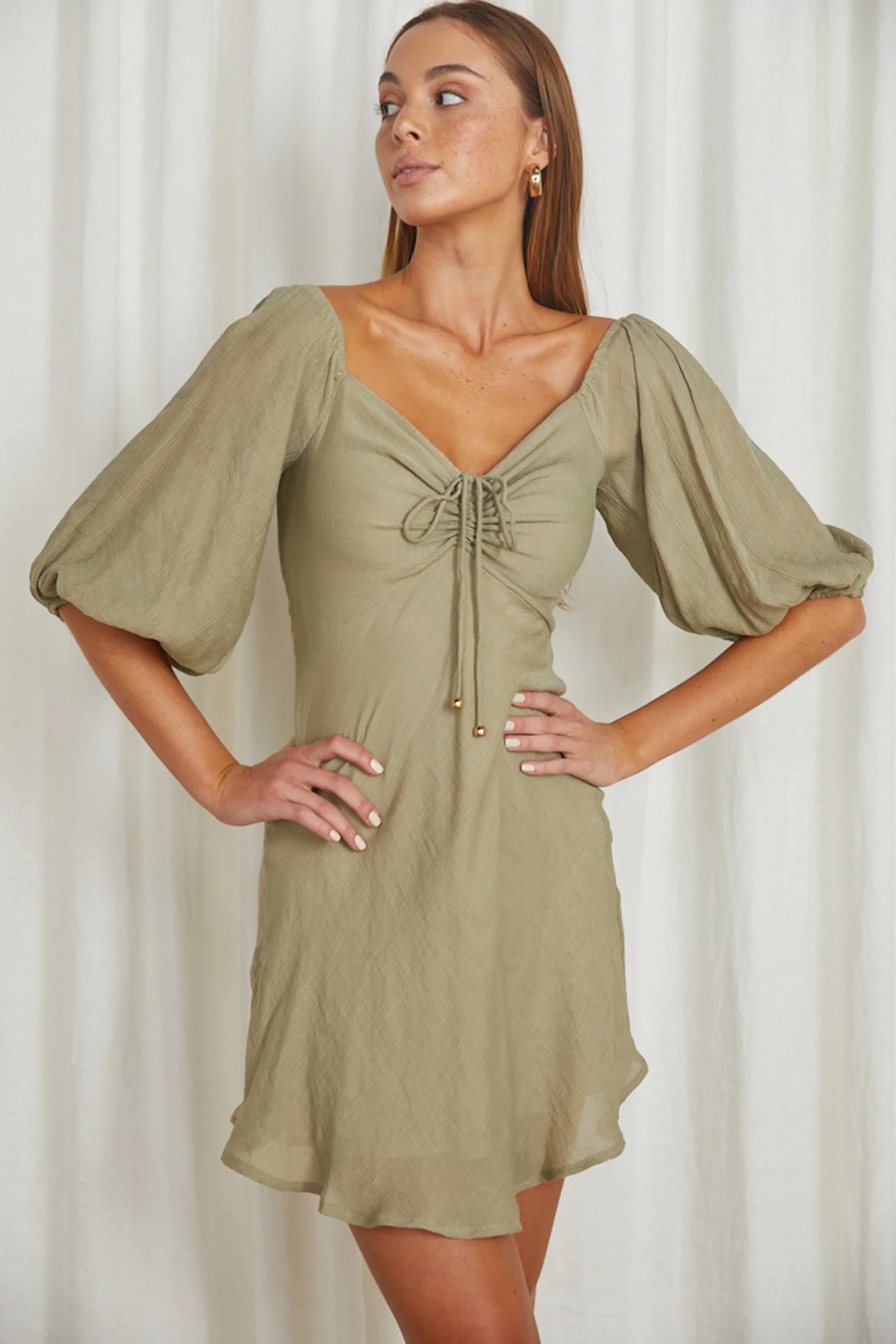 Avaline Drawstring Bust Mini Dress Olive - Image 5