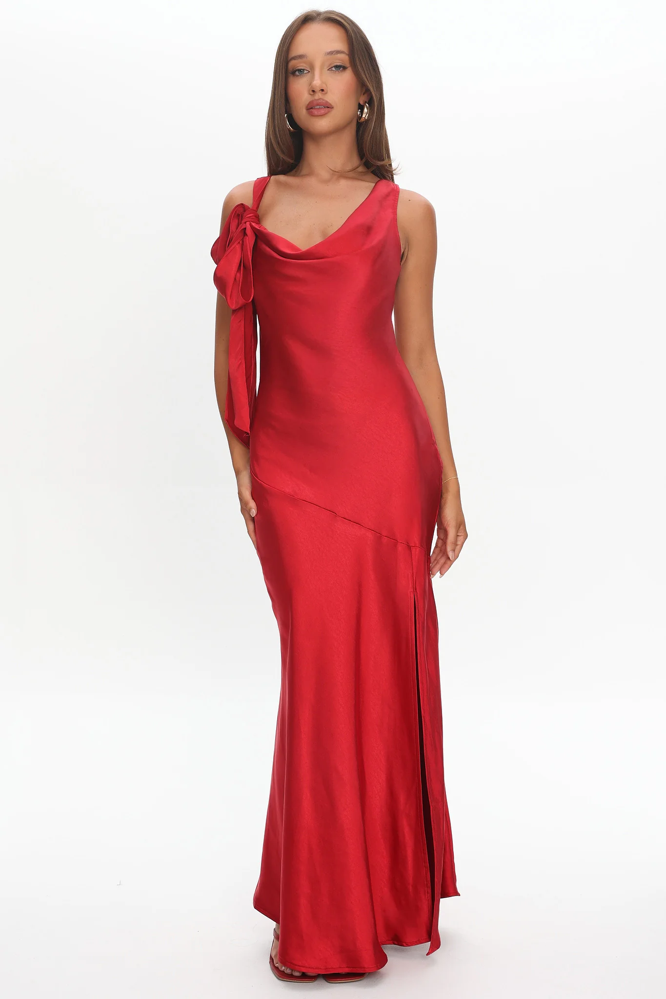 Averie Bow Shoulder Split Midi Dress Red - Image 2