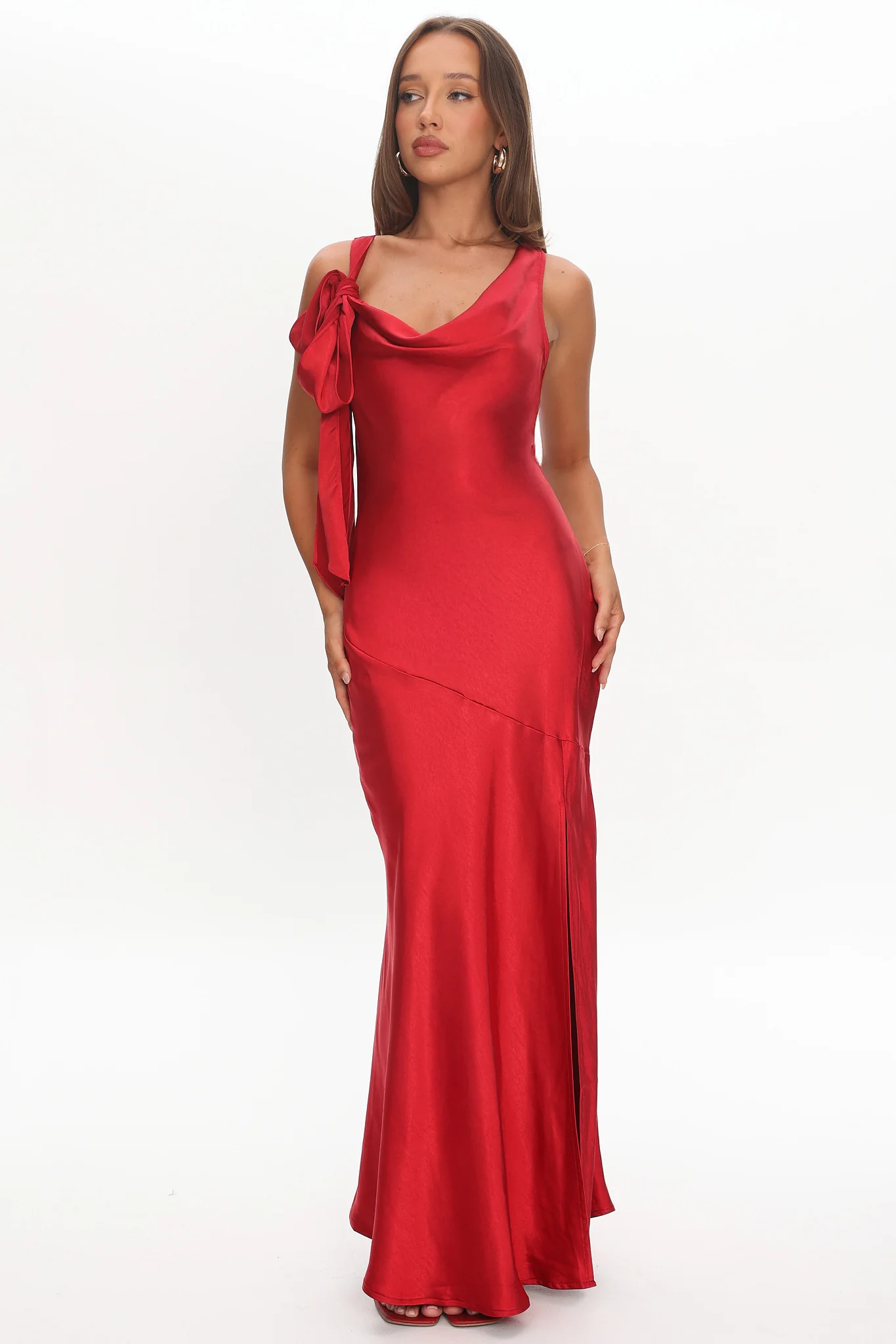 Averie Bow Shoulder Split Midi Dress Red - Image 6