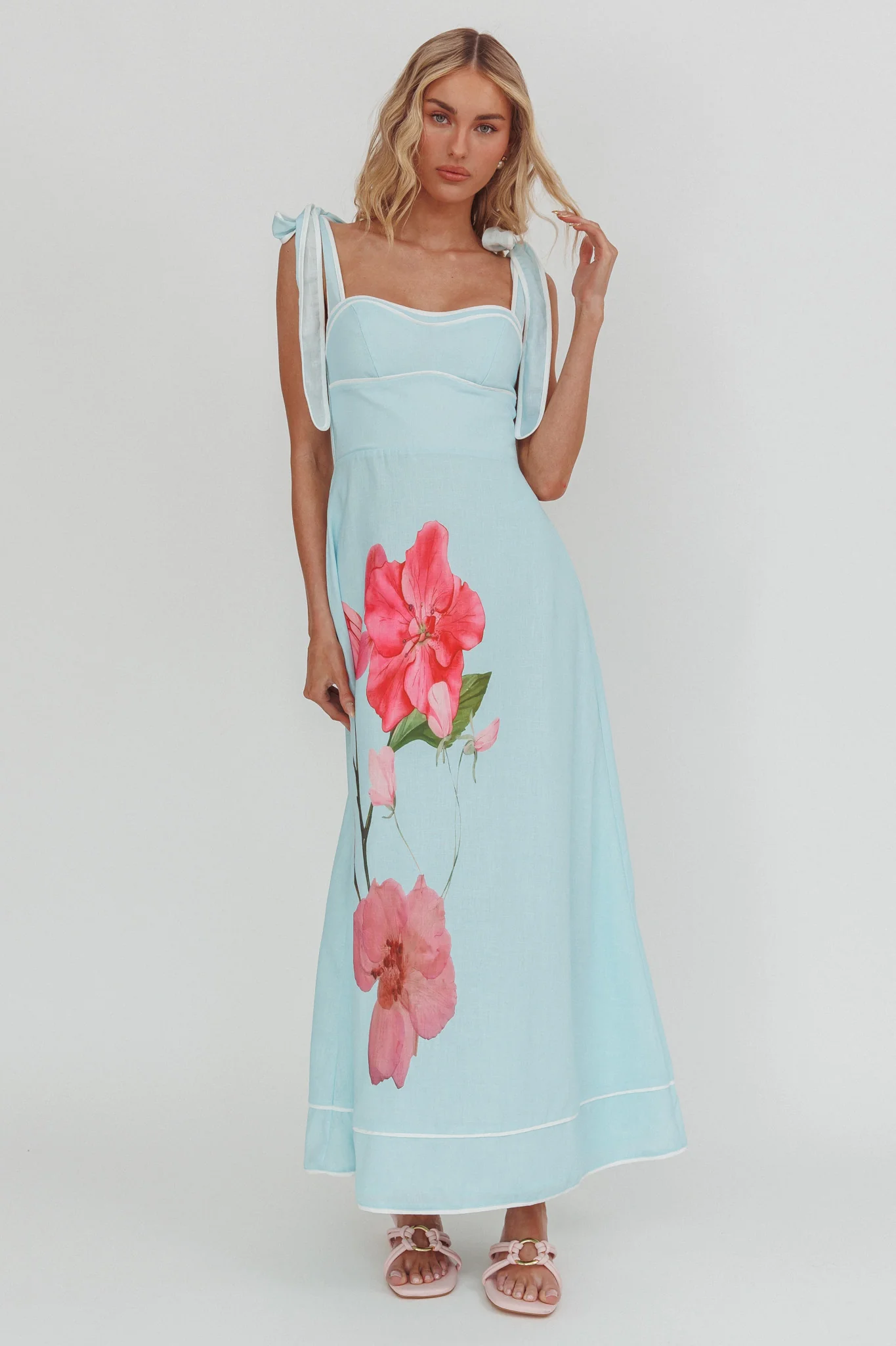 Averin Tied Shoulder Maxi Dress Flower Mint - Image 4