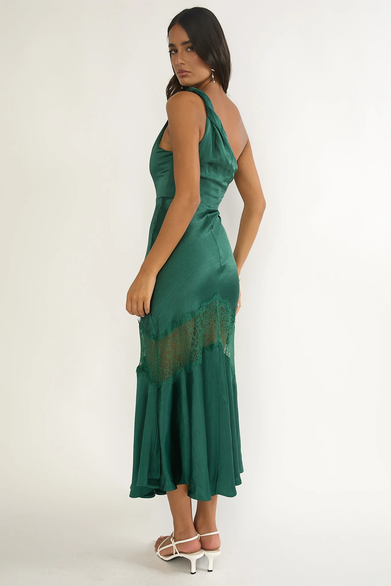 Avielle Lace Trim One-Shoulder Maxi Dress Forest Green - Image 2