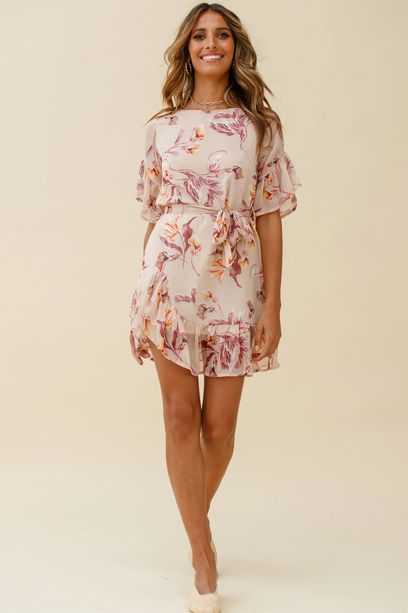 Azealia Ruffle Hem Dress Botanic Print Beige - Image 2