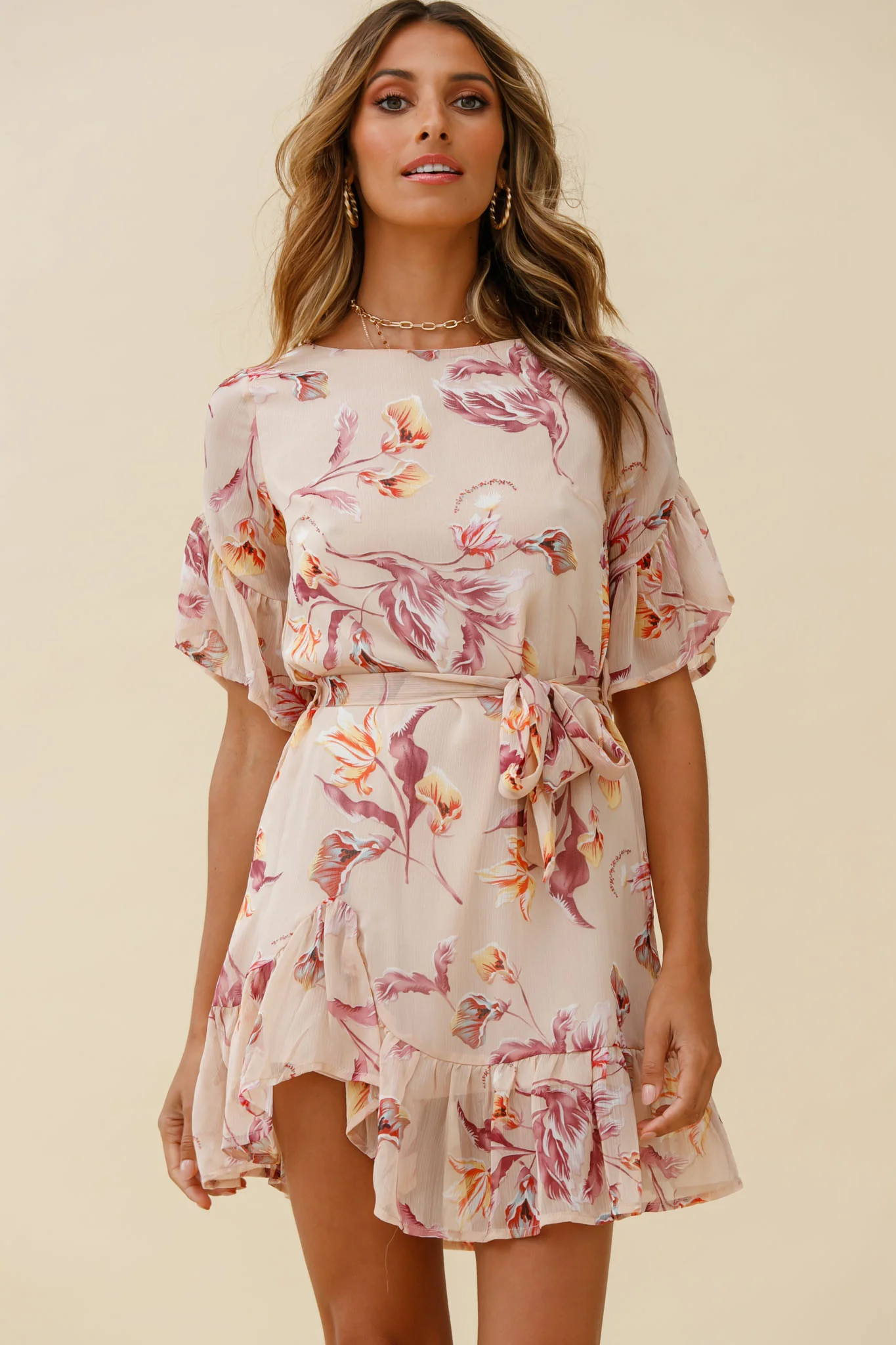 Azealia Ruffle Hem Dress Botanic Print Beige - Image 4