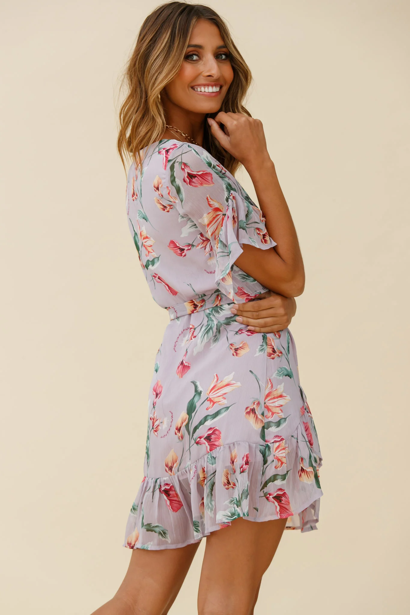 Azealia Ruffle Hem Dress Botanic Print Purple - Image 3