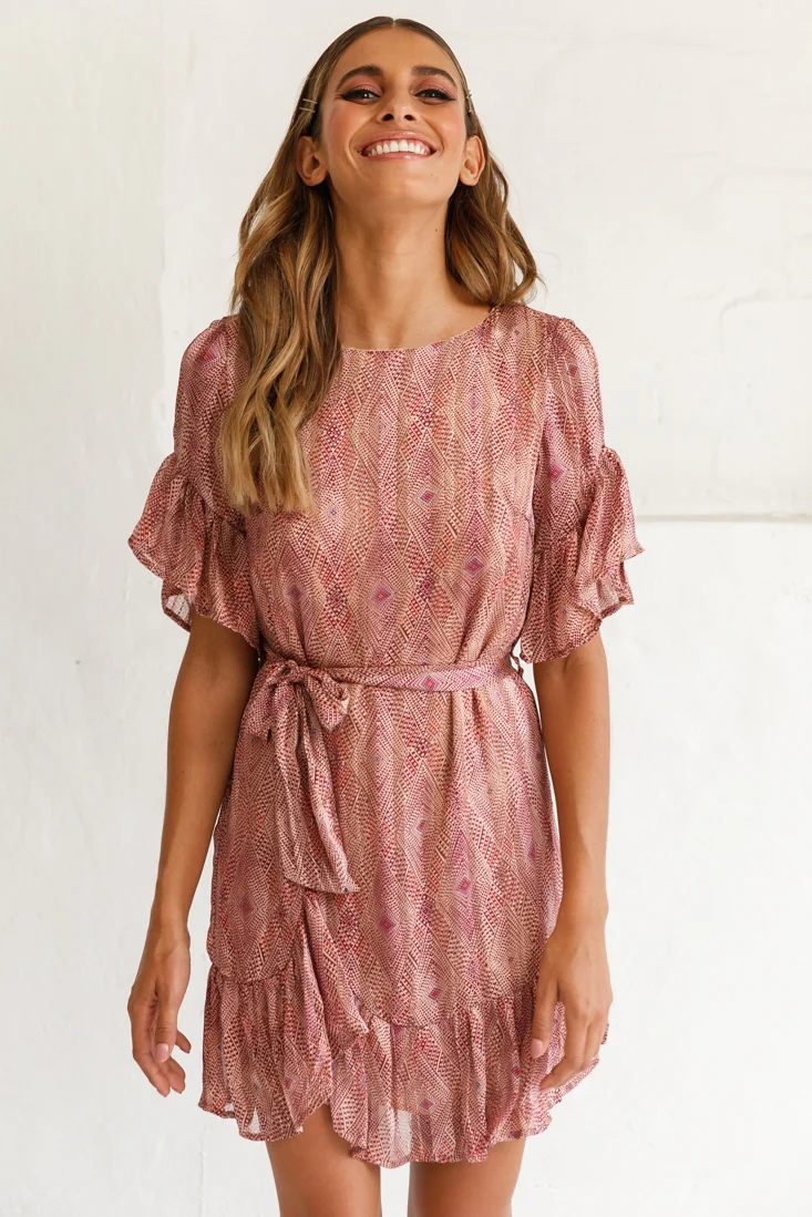 Azealia Ruffle Hem Dress Diamond Print Wine - Image 6
