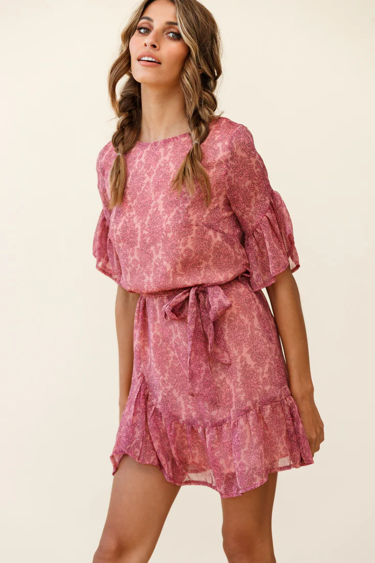 Azealia Ruffle Hem Dress Floral Pattern Pink - Image 3