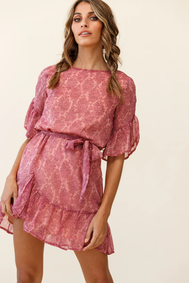 Azealia Ruffle Hem Dress Floral Pattern Pink - Image 5