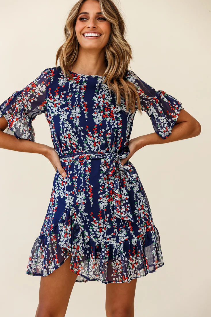 Azealia Ruffle Hem Dress Floral Print Navy - Image 5