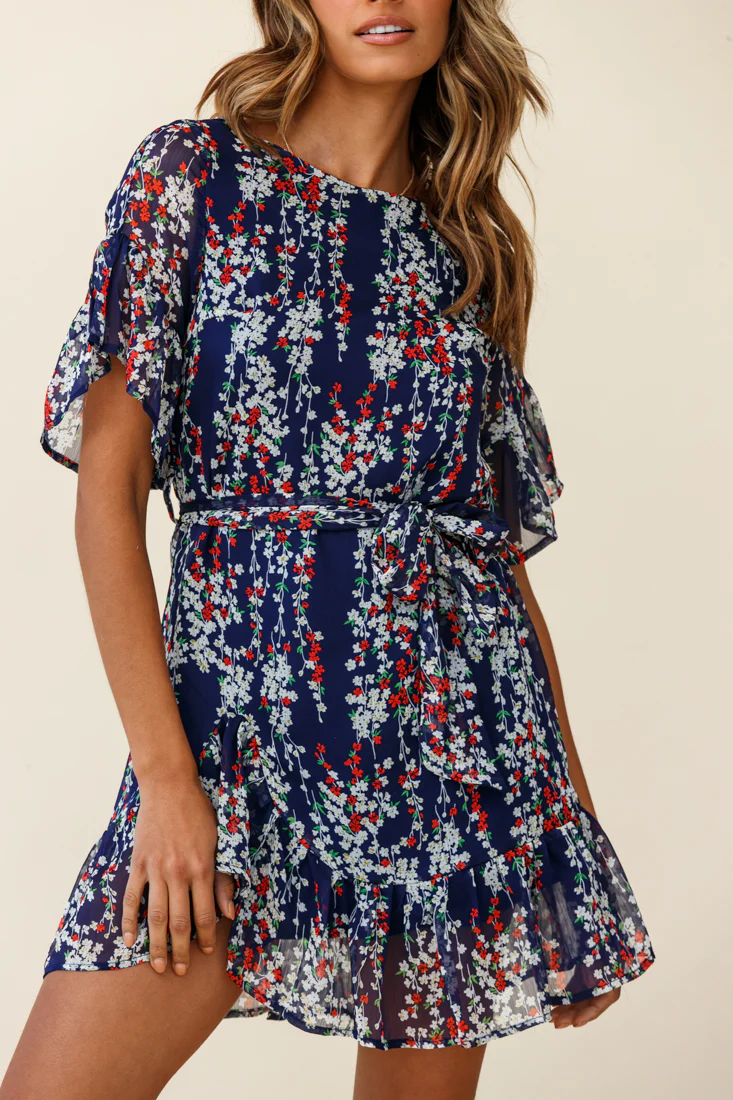 Azealia Ruffle Hem Dress Floral Print Navy - Image 6