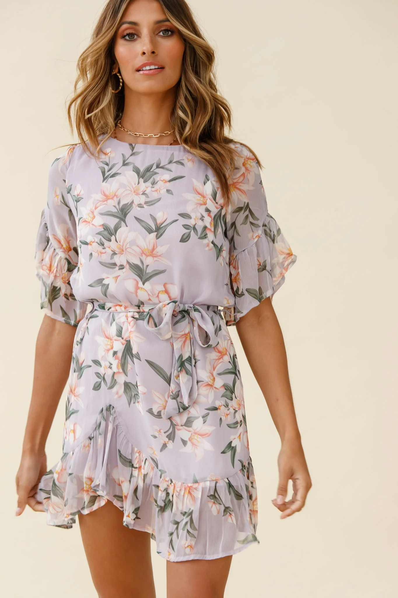 Azealia Ruffle Hem Dress Flower Print Purple - Image 5