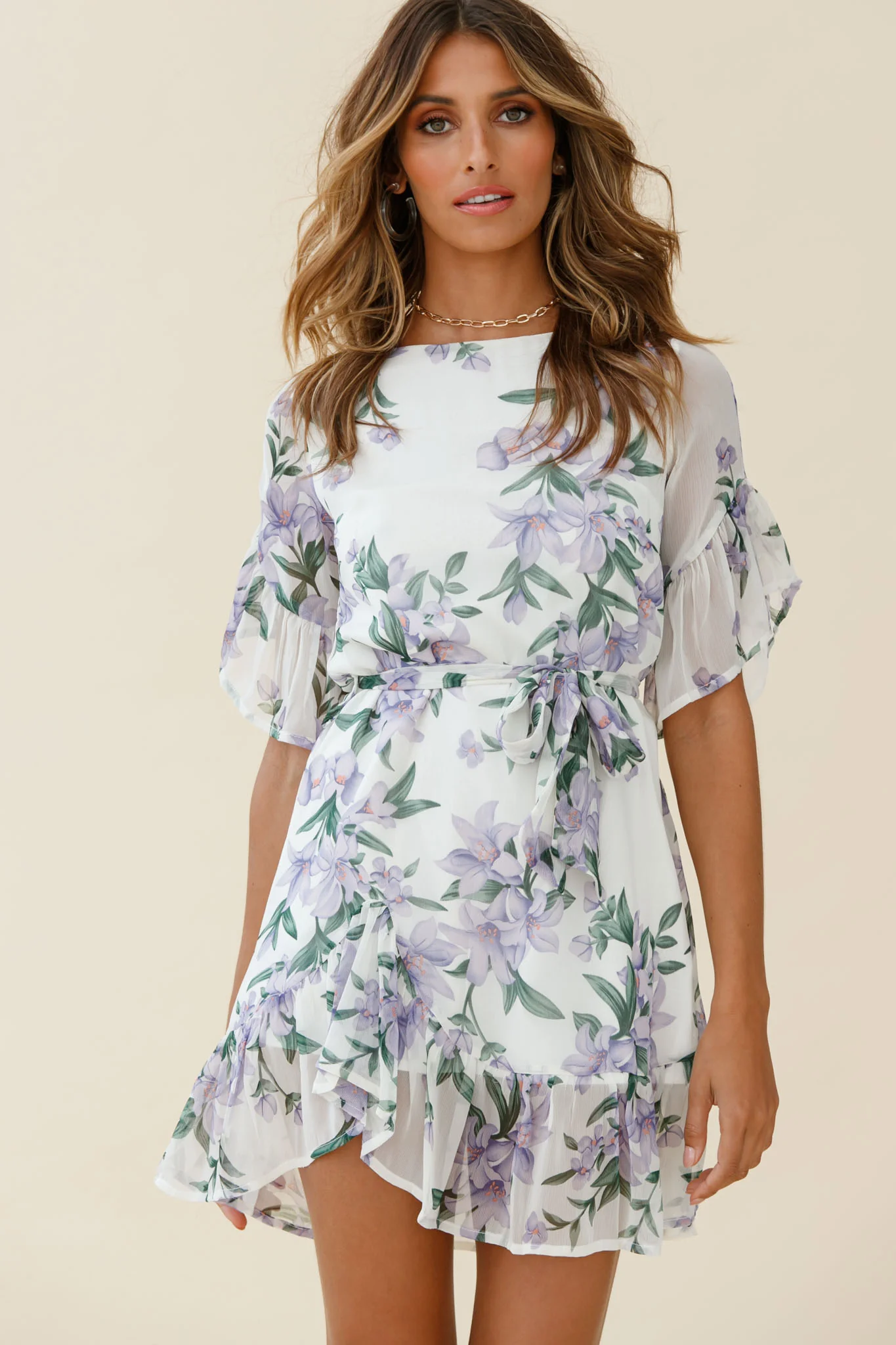 Azealia Ruffle Hem Dress Flower Print White - Image 6