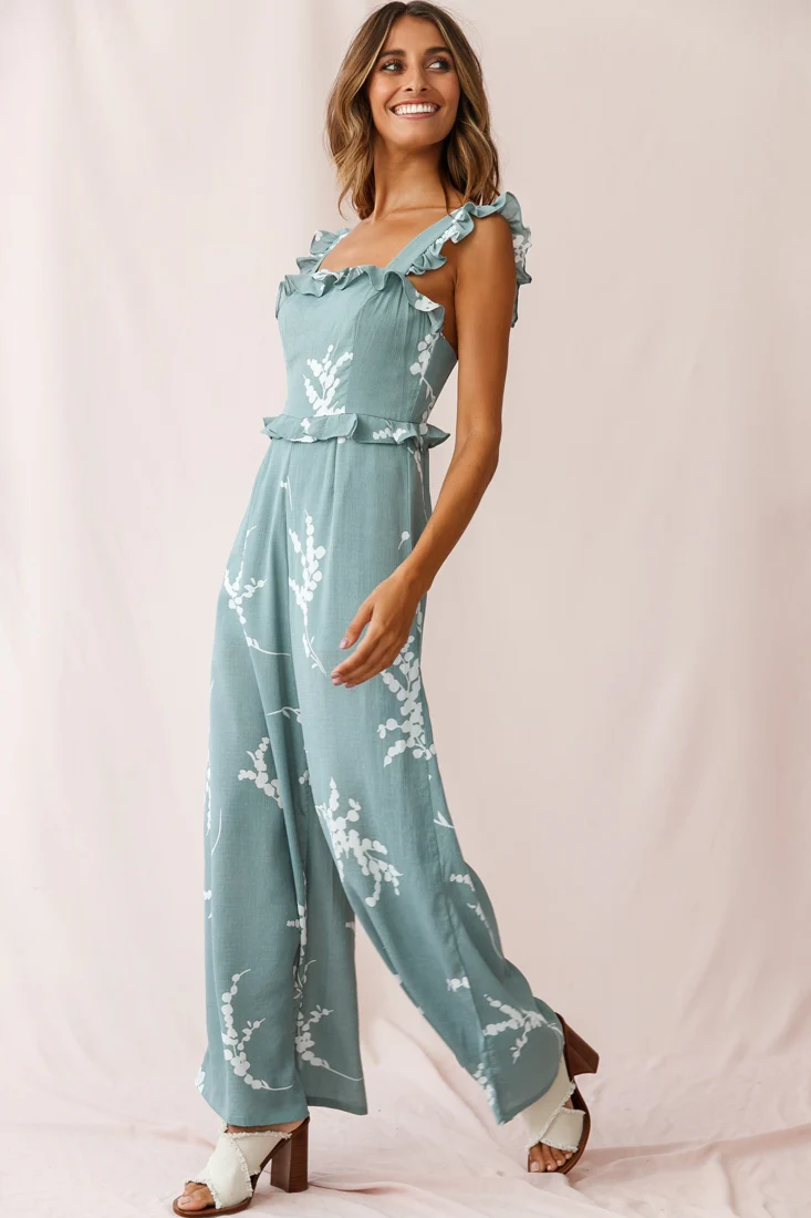 Azure Frill Strap Wide Leg Jumpsuit Sage - Image 3