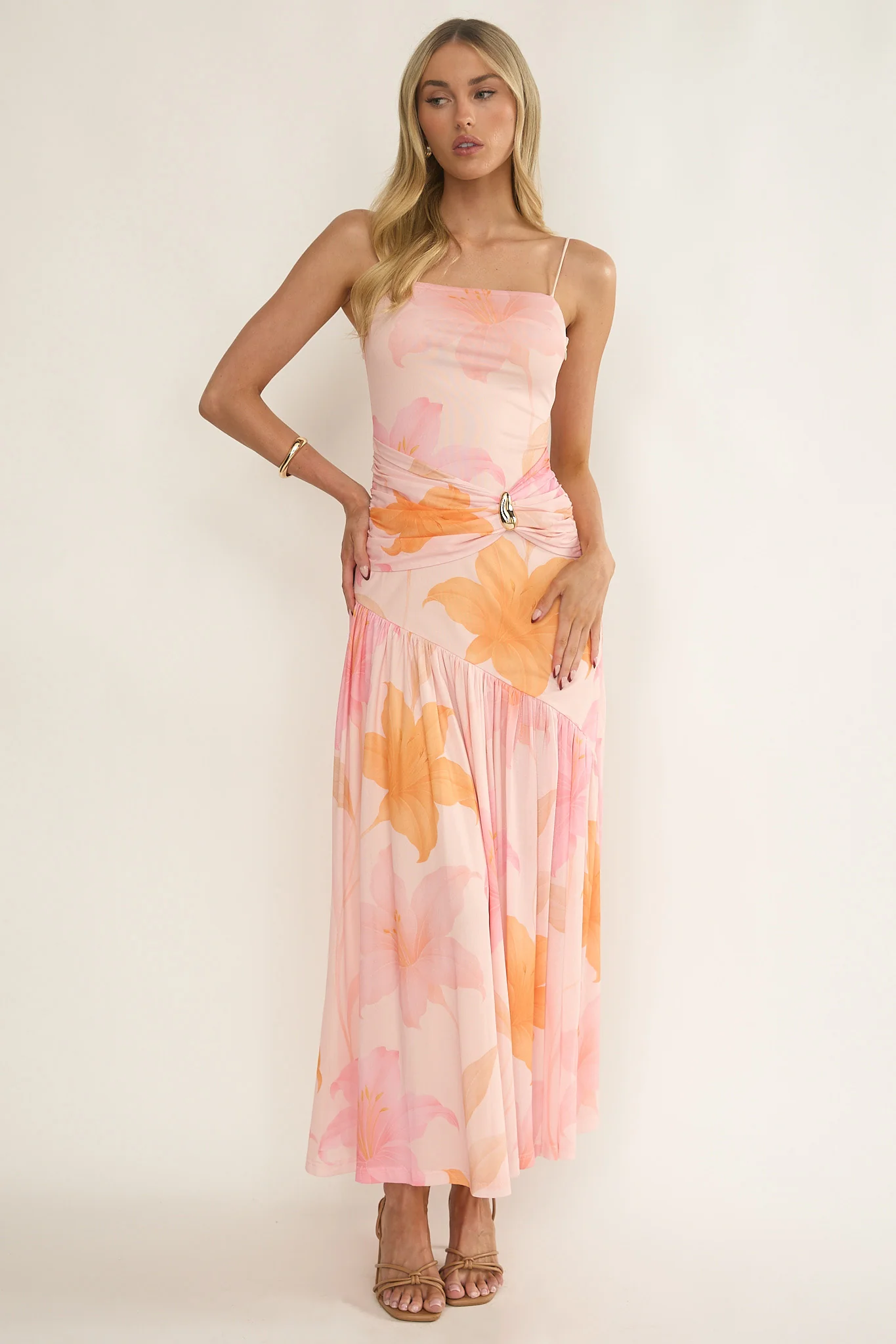 Azure Sun Drop Waist Split Maxi Dress Print Orange - Image 5