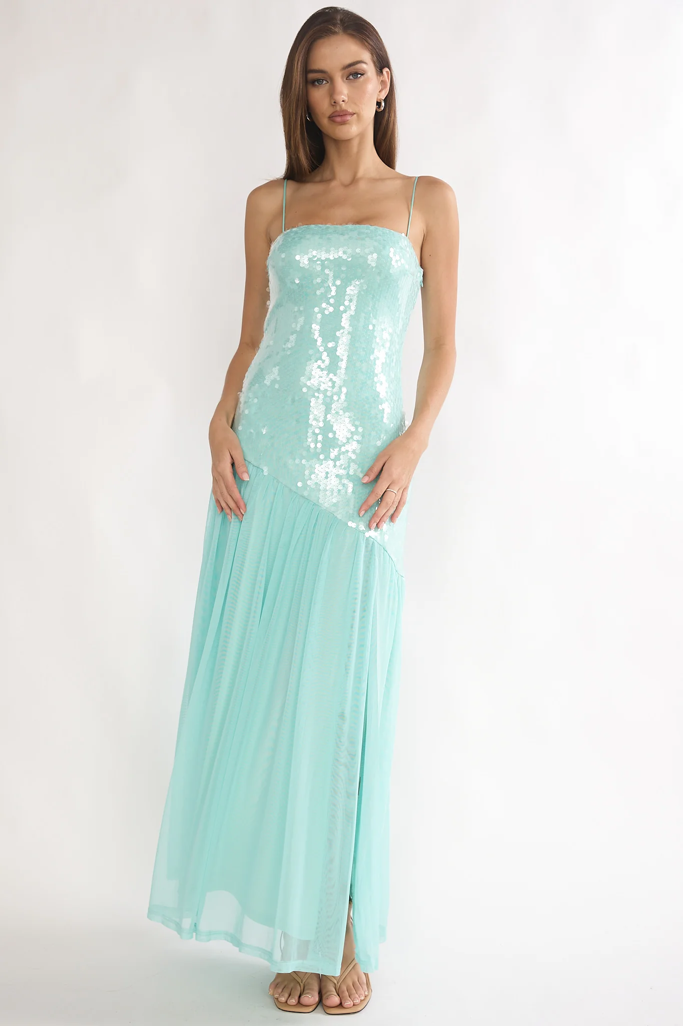 Azure Sun Drop Waist Split Maxi Dress Sequin Aqua - Image 4