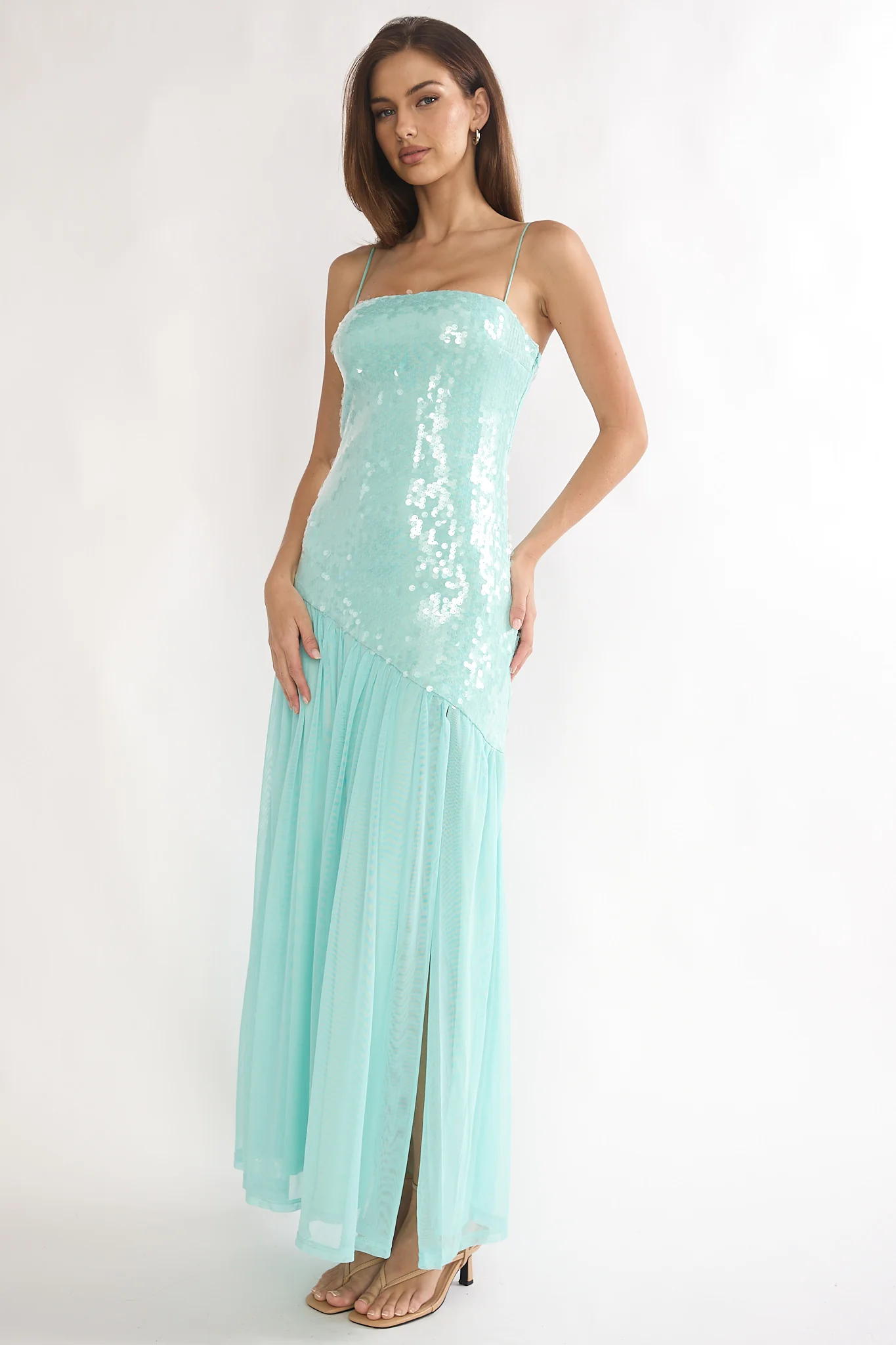 Azure Sun Drop Waist Split Maxi Dress Sequin Aqua - Image 6