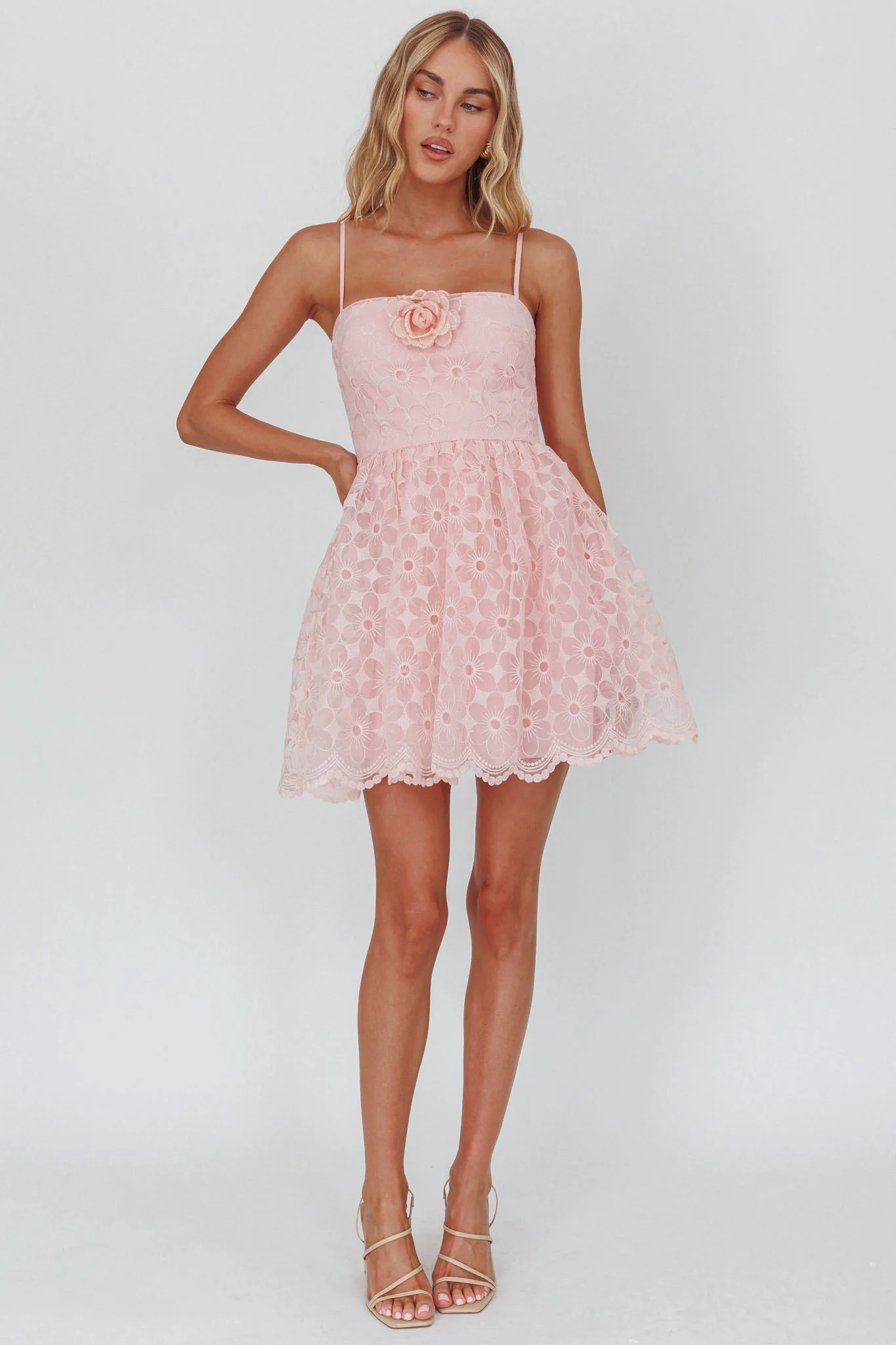 Bahia A-Line Square Neckline Mini Dress Lace Blush - Image 2