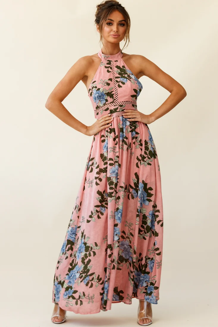 Baylor Floral Halterneck Maxi Dress Pink - Image 3
