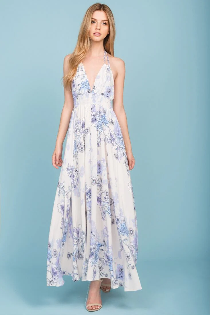 Baylor Floral Print Open Back Maxi Dress Beige - Image 2