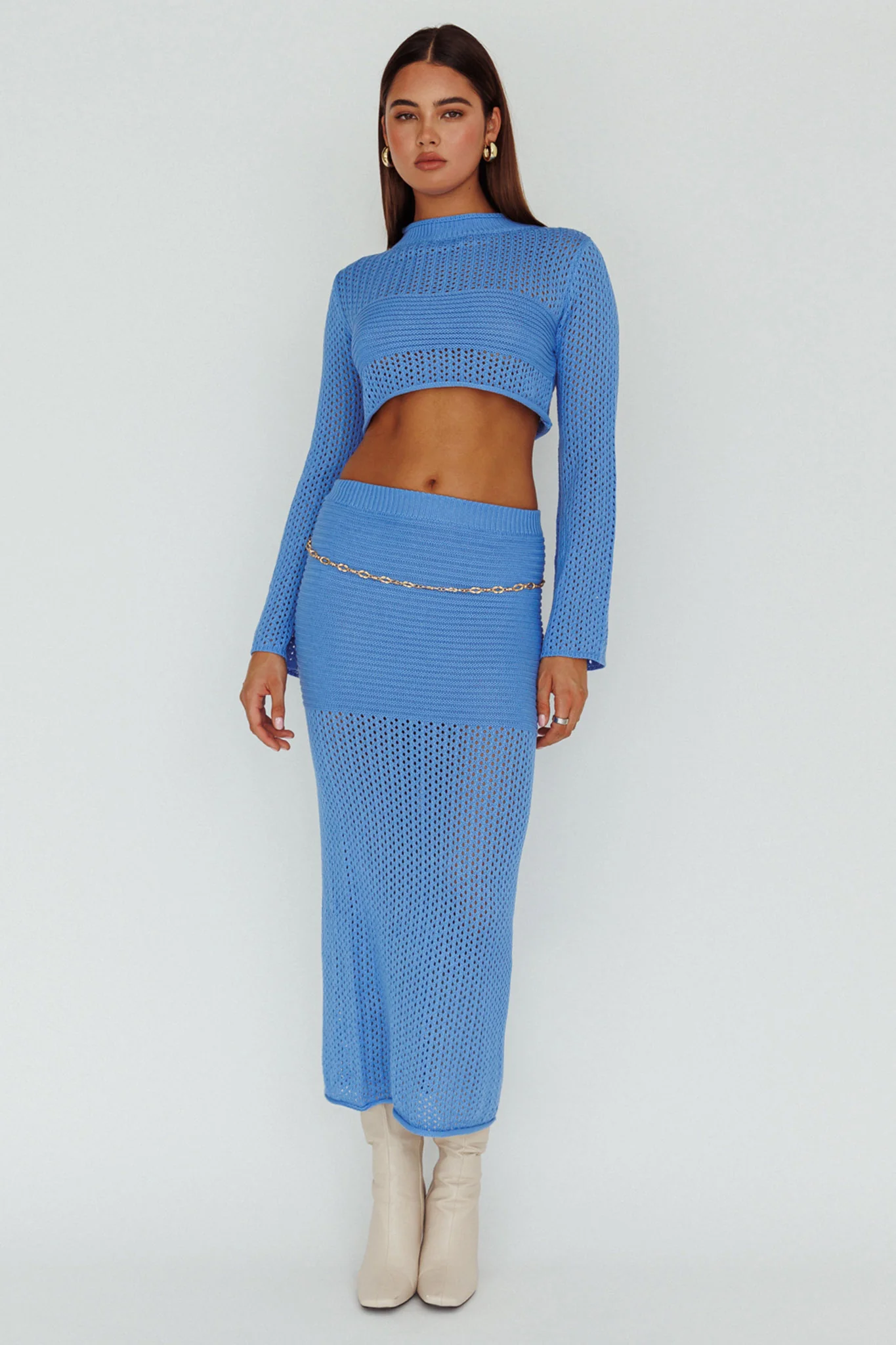 Bayside Long Sleeve Crochet Top Ocean - Image 3