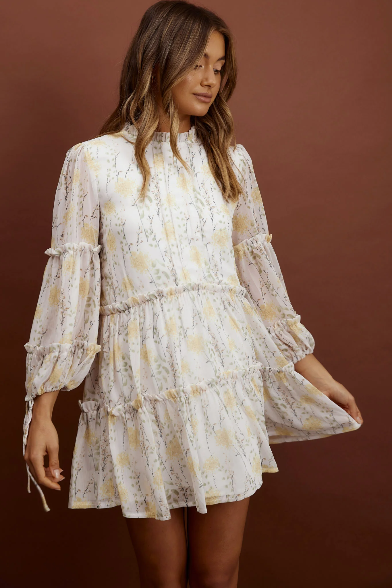 Beatrix High Neck Balloon Sleeve Dress Floral Yellow - Image 5