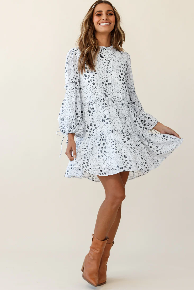 Beatrix High Neck Bell Sleeve Dress Droplet Print White - Image 3