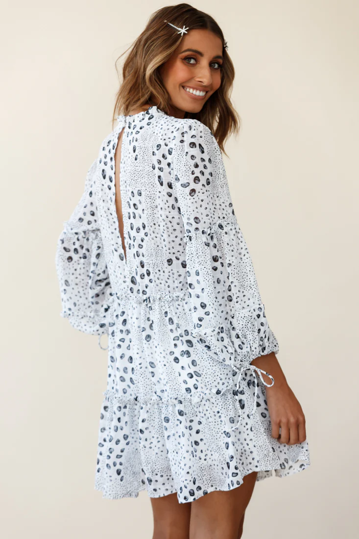Beatrix High Neck Bell Sleeve Dress Droplet Print White - Image 4