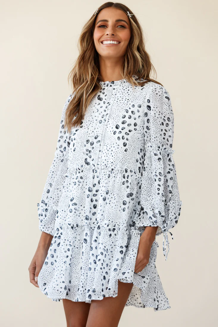 Beatrix High Neck Bell Sleeve Dress Droplet Print White - Image 5