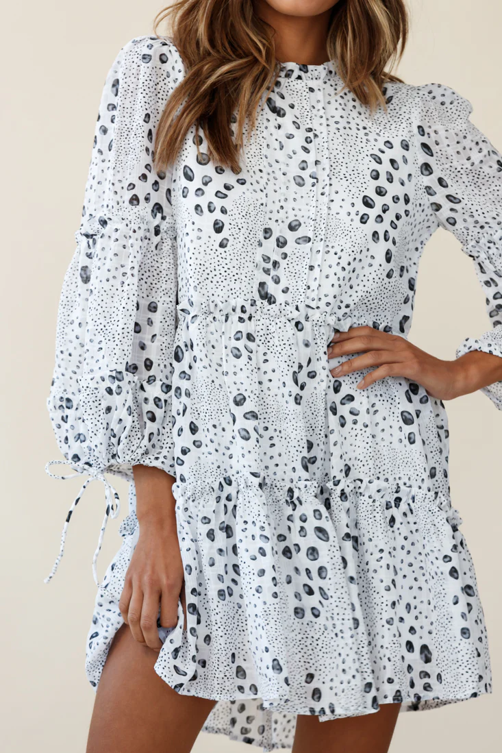 Beatrix High Neck Bell Sleeve Dress Droplet Print White - Image 6